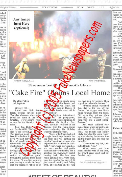 Fake Newspaper Article CAKE FIRE CLAIMS LOCAL HOME