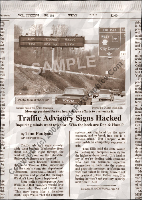 Fake Newspaper Article TRAFFIC ADVISORY SIGNS HACKED