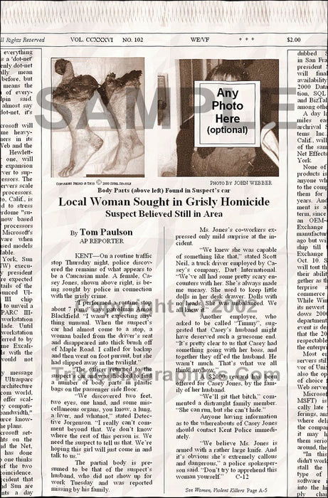 Fake Newspaper Article LOCAL WOMAN SOUGHT IN GRISLY HOMICIDE