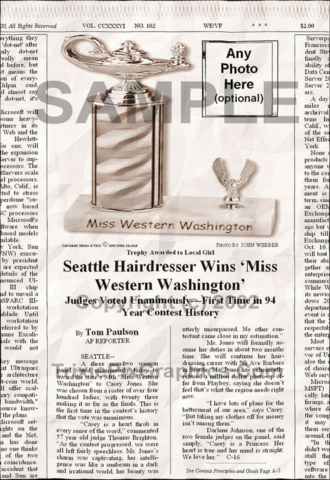 Fake Newspaper Article SEATTLE HAIRDRESSER WINS 'MISS WESTERN WASHINGTON'