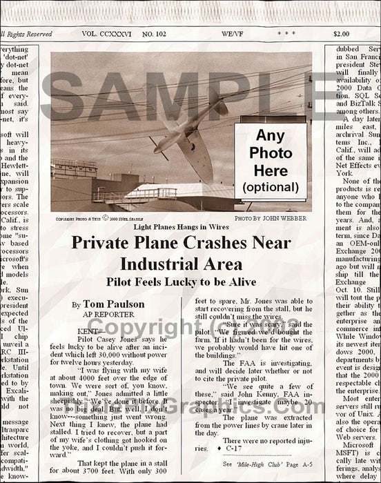 Fake Newspaper Article PRIVATE PLANE CRASHES NEAR INDUSTRIAL AREA