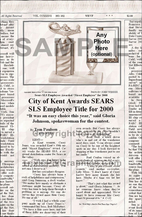 Fake Newspaper Article WAREHOUSE EMPLOYEE AWARDED "NICEST EMPLOYEE"