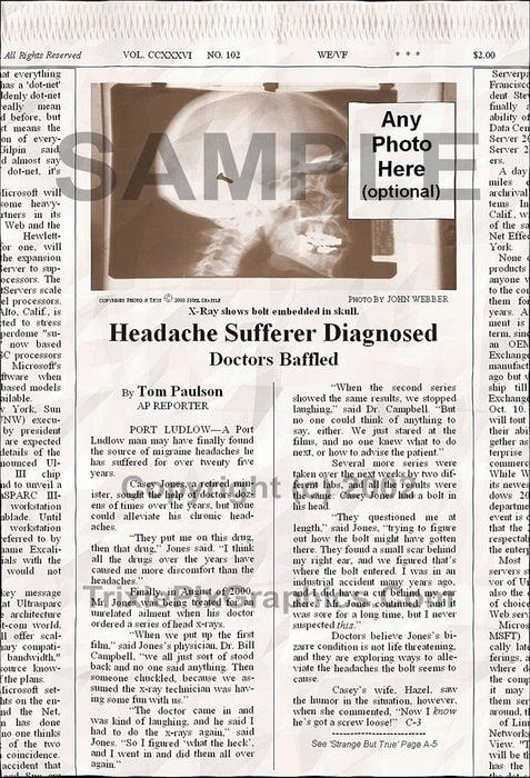 Fake Newspaper Article HEADACHE SUFFERER DIAGNOSED