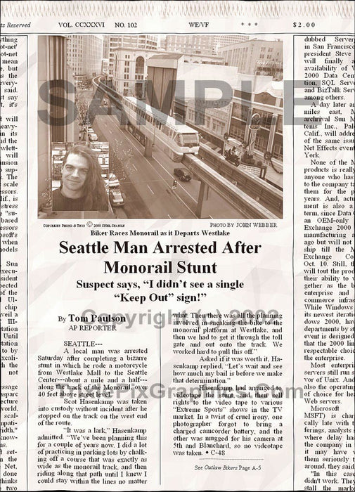 Fake Newspaper Article SEATTLE MAN ARRESTED AFTER MONORAIL STUNT