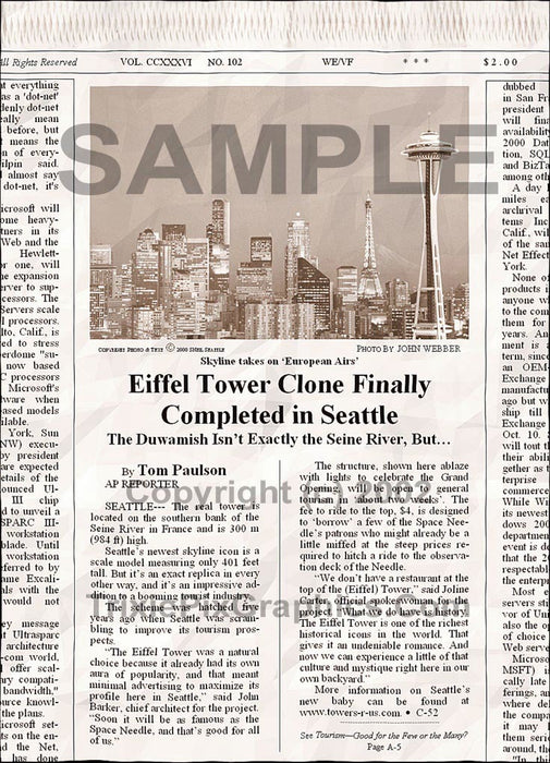 Fake Newspaper Article EIFFEL TOWER CLONE FINALLY COMPLETED IN SEATTLE