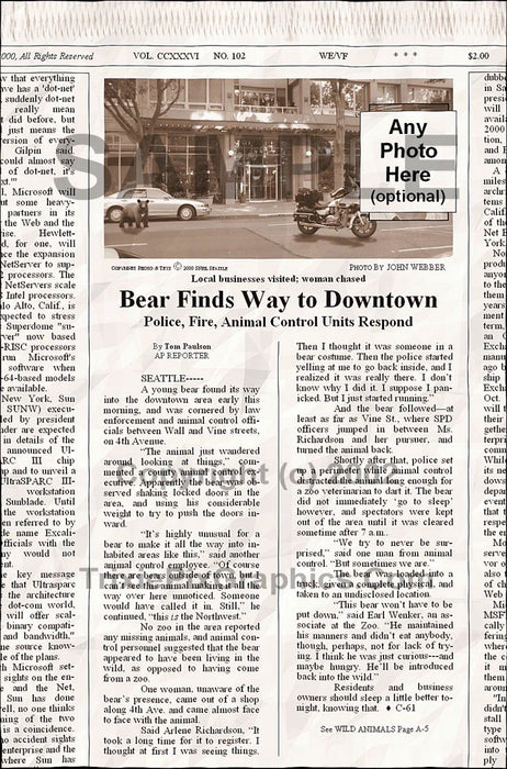 Fake Newspaper Article BEAR FINDS WAY TO DOWNTOWN