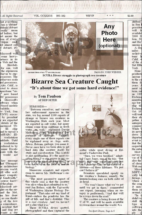 Fake Newspaper Article BIZARRE SEA CREATURE CAUGHT