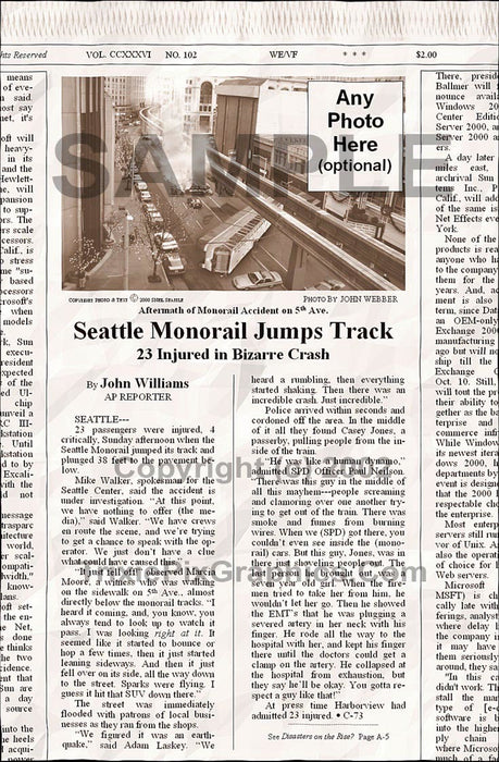 Fake Newspaper Article SEATTLE MONORAIL JUMPS TRACK