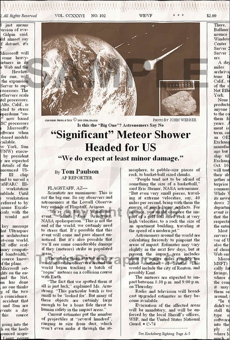 Fake Newspaper Article "SIGNIFICANT" METEOR SHOWER HEADED FOR US