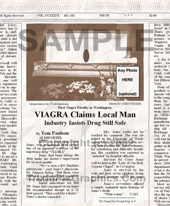 Fake Newspaper Article VIAGRA CLAIMS LOCAL MAN