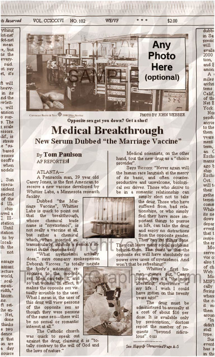 Fake Newspaper Article NEW SERUM DUBBED "THE MARRIAGE VACCINE"