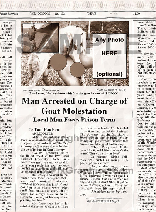Fake Newspaper Article MAN ARRESTED ON CHARGE OF GOAT MOLESTATION