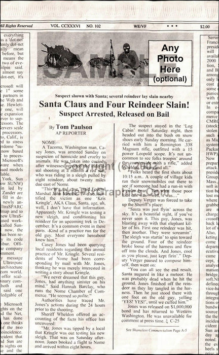 Fake Newspaper Article  SANTA CLAUS AND FOUR REINDEER SLAIN