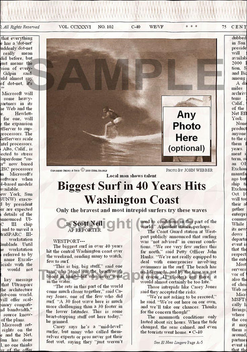 Fake Newspaper Article BIGGEST SURF IN 40 YEARS HITS WASHINGTON COAST