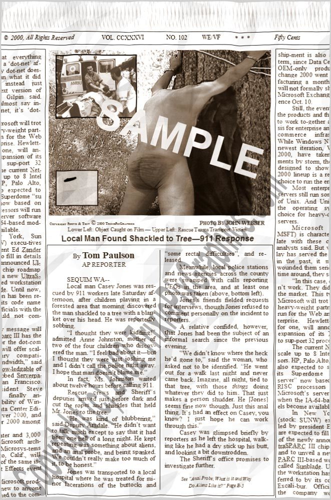 Fake Newspaper Article LOCAL MAN FOUND SHACKLED TO TREE - 911 RESPONSE