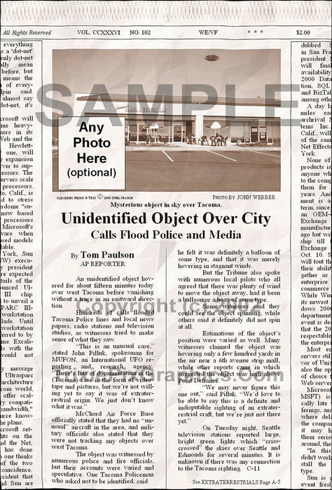 Fake Newspaper Article UNIDENTIFIED OBJECT OVER CITY
