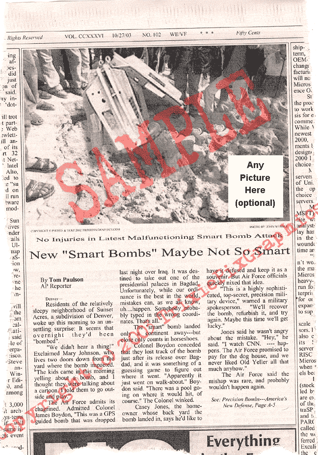 Fake Newspaper Article NEW "SMART BOMBS" MAYBE NOT SO SMART