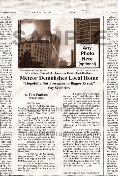 Fake Newspaper Article METEOR DEMOLISHES LOCAL HOME