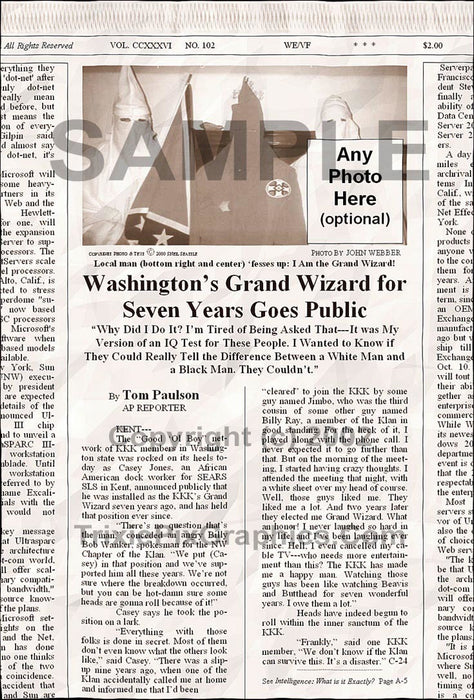 Fake Newspaper Article WASHINGTON'S GRAND WIZARD FOR SEVEN YEARS GOES PUBLIC