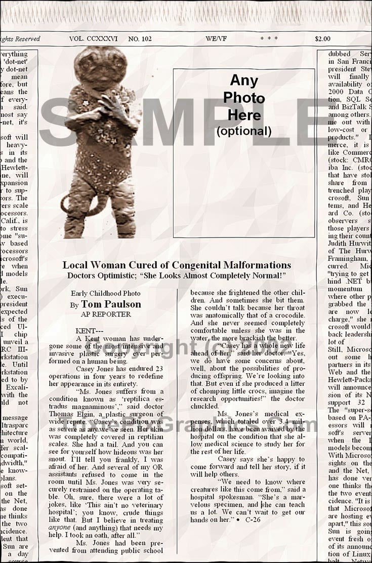 Fake Newspaper Article LOCAL WOMAN CURED OF CONGENITAL MALFORMATIONS