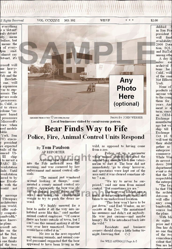 Fake Newspaper Article BEAR FINDS WAY TO FIFE —