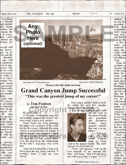 Fake Newspaper Article GRAND CANYON JUMP SUCCESSFUL