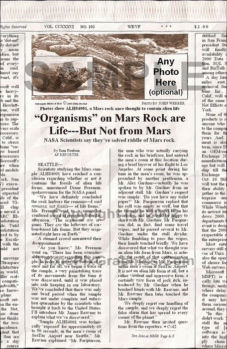 Fake Newspaper Article "ORGANISMS" ON MARS ROCK ARE LIFE---BUT NOT FROM MARS