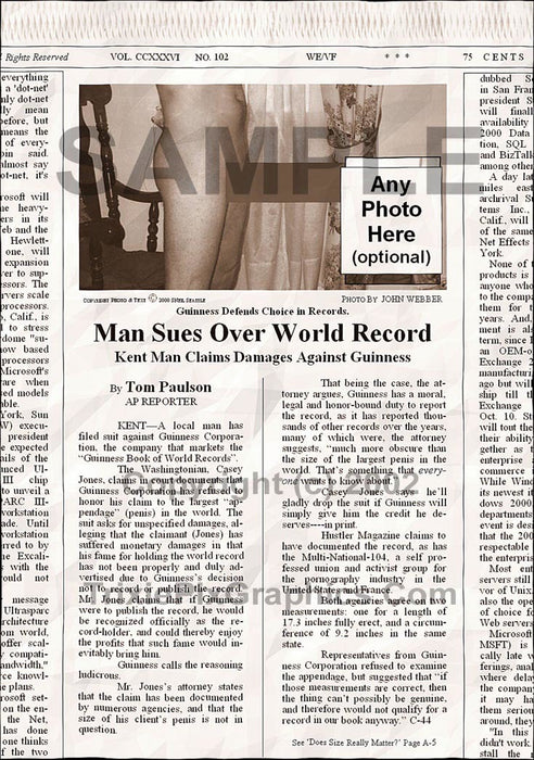 Fake Newspaper Article MAN SUES OVER WORLD RECORD