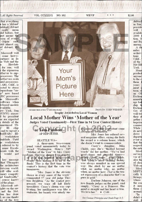 Fake Newspaper Article LOCAL MOTHER WINS 'MOTHER OF THE YEAR'