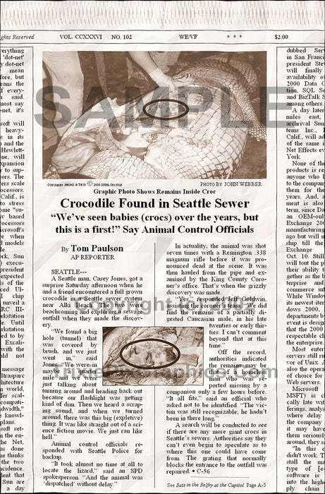 Fake Newspaper Article CROCODILE FOUND IN SEATTLE SEWER