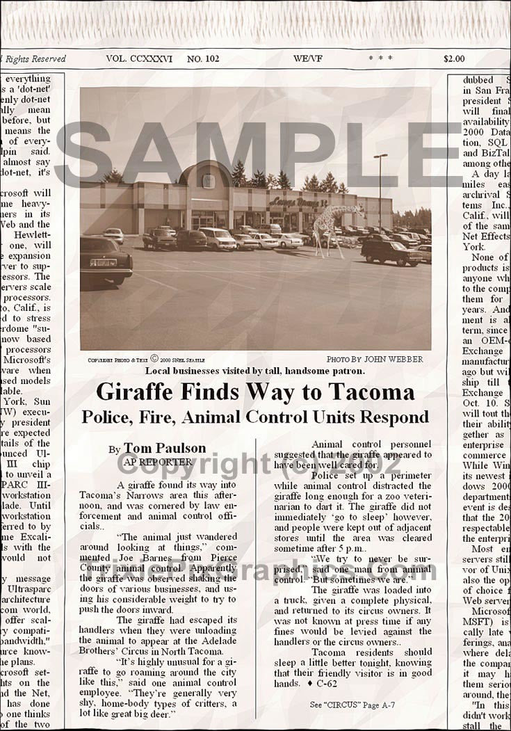 Fake Newspaper Article GIRAFFE FINDS WAY TO WEST SIDE