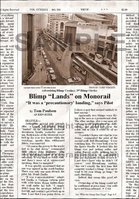 Fake Newspaper Article BLIMP "LANDS" ON MONORAIL