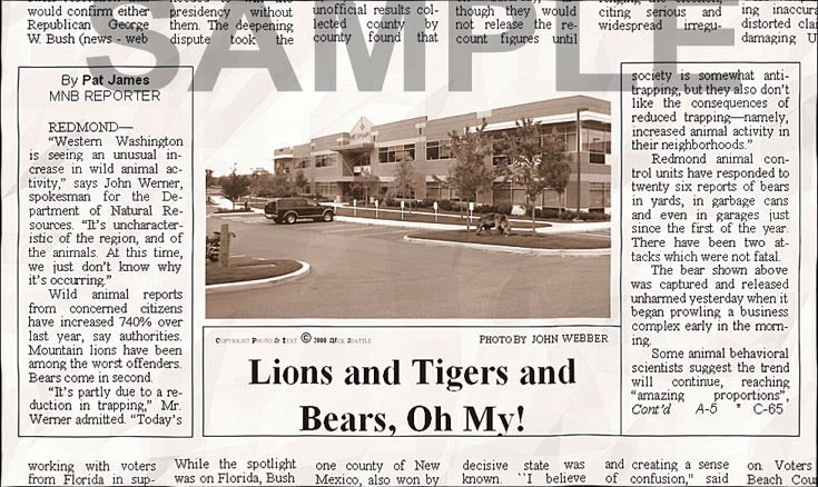 Fake Newspaper Article LIONS AND TIGERS AND BEARS, OH MY!