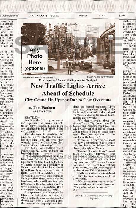 Fake Newspaper Article NEW TRAFFIC LIGHTS ARRIVE AHEAD OF SCHEDULE