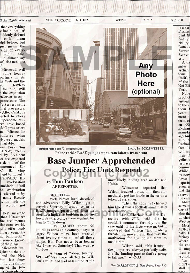 Fake Newspaper Article BASE JUMPER APPREHENDED