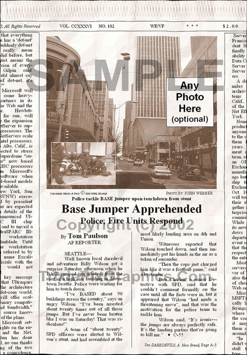 Fake Newspaper Article BASE JUMPER APPREHENDED