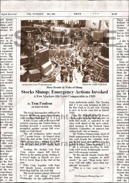 Fake Newspaper Article STOCKS SLUMP; EMERGENCY ACTIONS INVOKED