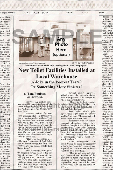 Fake Newspaper NEW TOILET FACILITIES INSTALLED AT LOCAL WAREHOUSE