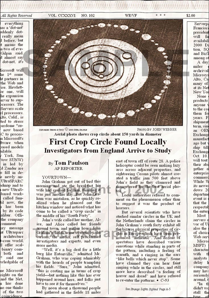 Fake Newspaper Article CROP CIRCLES IN A FIELD NEAR YOU